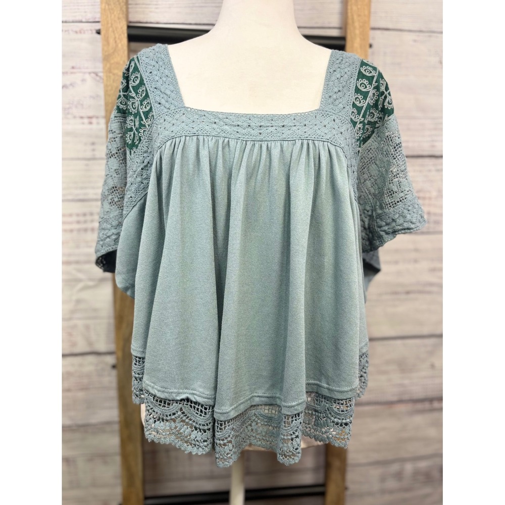 🪷 Free People Boho Crochet Lace Embroidered Prairie Days Top Blue/Green Medium 🪷 - Picture 10 of 13